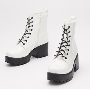 White Patent Leather Block Heel Boots